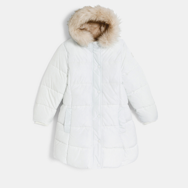 سترة منفوخة مبطنة طويلة طاردة للماء باللون الأبيض للفتيات